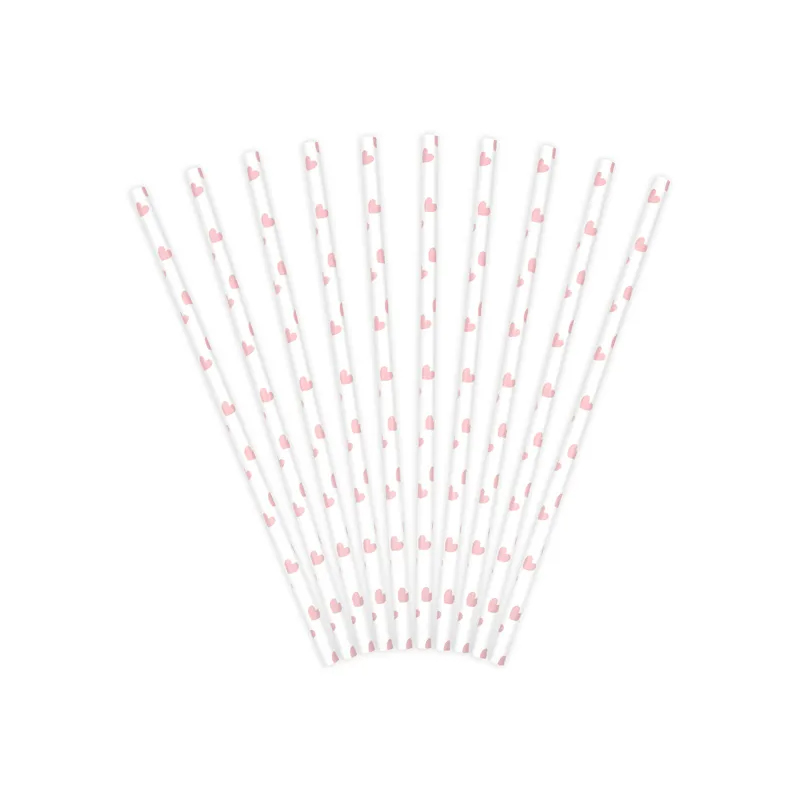 Καλαμάκια χάρτινα λευκά με ροζ καρδούλες 10τεμ 19,5cm