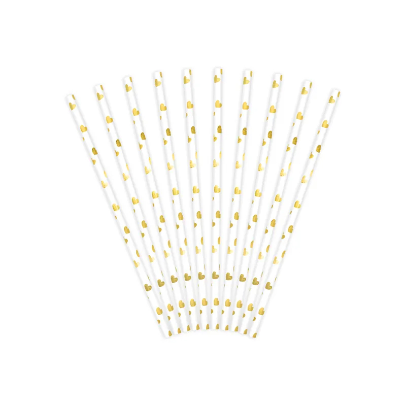 Καλαμάκια χάρτινα λευκά με χρυσές καρδούλες 10τεμ 19,5cm