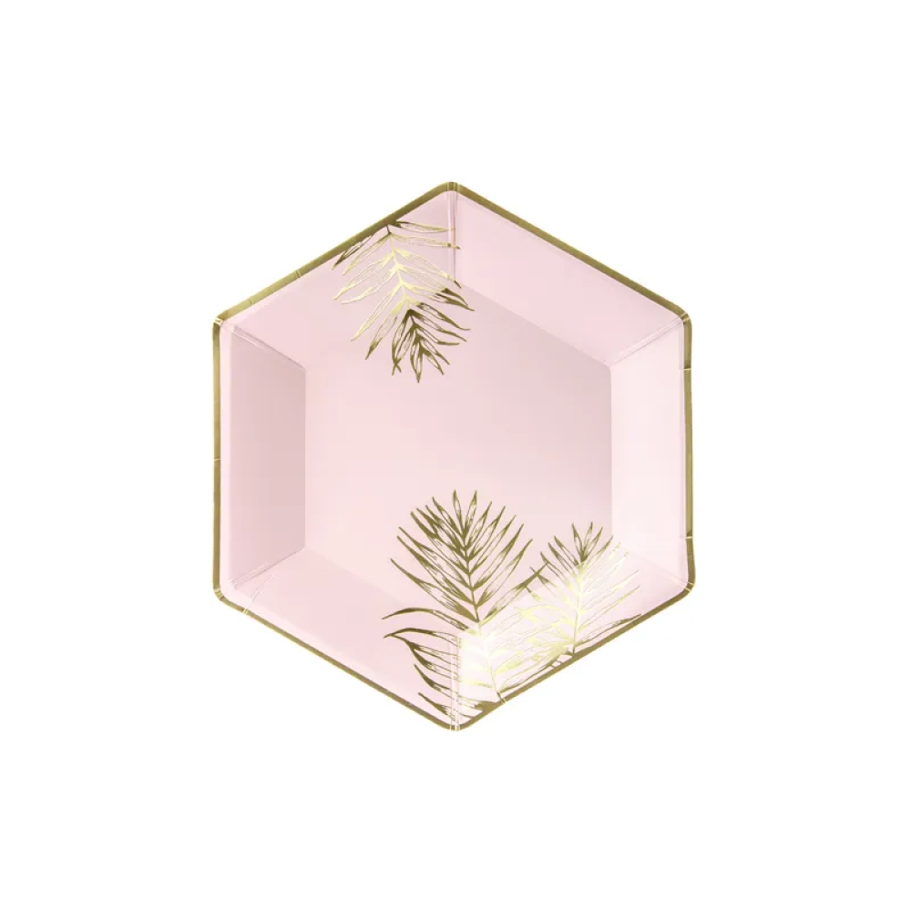 Πιάτα χάρτινα εξάγωνα ροζ με χρυσά φύλλα 23cm 6τεμ