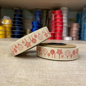 Κορδέλα ιβουάρ με κόκκινα στολίδια 25mm 20m