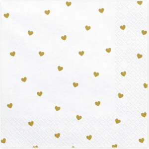 Χαρτοπετσέτες λευκές με χρυσές καρδούλες 33cm 20τεμ PartyDeco