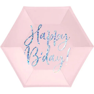 Πιάτα χάρτινα εξάγωνα ροζ Happy Birthday 20cm 6τεμ PartyDeco