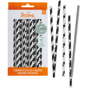 Καλαμάκια χάρτινα ασπρόμαυρα πουά 80τεμ 21cm Decora