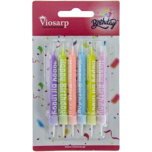 Κεριά πολύχρωμα Happy Birthday ίσια 8cm 6τεμ Viosarp