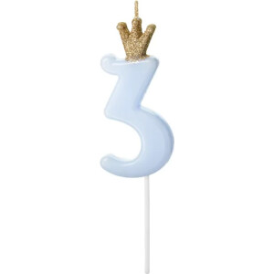 Κερί 3 γαλάζιο με χρυσή κορώνα 9,5cm PartyDeco