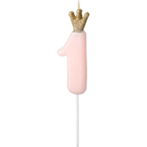Κερί 1 ροζ με χρυσή κορώνα 9,5cm PartyDeco