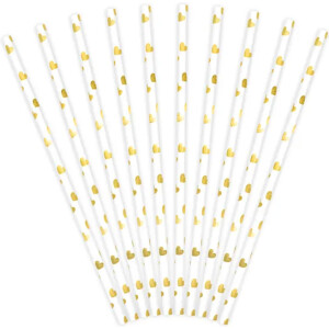 Καλαμάκια χάρτινα λευκά με χρυσές καρδούλες 10τεμ 19,5cm PartyDeco