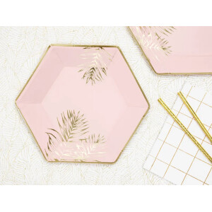 Alternative view of Πιάτα χάρτινα εξάγωνα ροζ με χρυσά φύλλα 23cm 6τεμ PartyDeco