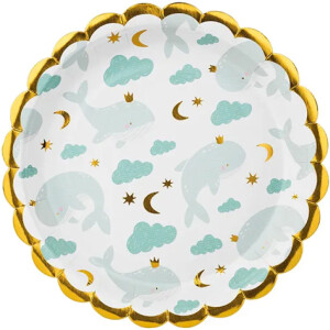 Πιάτα χάρτινα με φαλαινάκια και σύννεφα και χρυσό περίγραμμα 18cm 6τεμ PartyDeco
