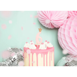 Κερί 6 ροζ με χρυσή κορώνα 9,5cm PartyDeco