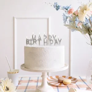 Κεριά Happy Birthday ασημί 2,5cm PartyDeco